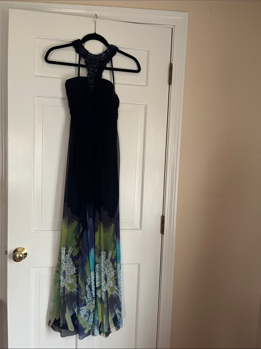 Black Halter Evening Maxi Dress with Beaded Neckline